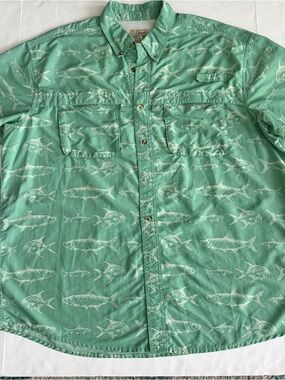 L.L. Bean Seafoam Green Fish-Print Button Down Shirt
